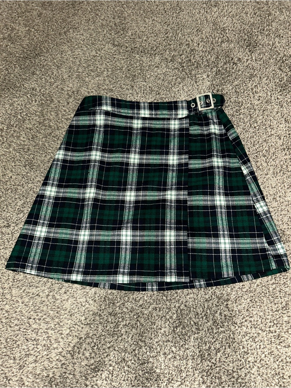 John Gault Green, Black & White Plaid Wrap A-Line mini Skirt with Buckle small
